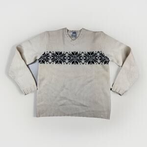 Vintage Old Navy Mens L 100% Lambswool Knit Sweater Fair Isle Ivory Y2K Retro‎